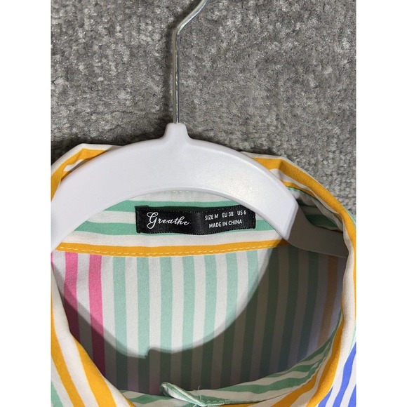 Greathe Short Sleeve Cuffed Striped Button Up Shirt Top Womens Size Medium - Picture 3 of 10